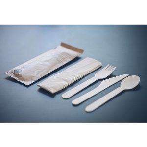 100 kits 3 couverts bois + serviette