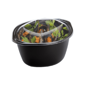 150 boites wok noires 2300 ml + couvercles antibuée recyclables 243x204x134 mm